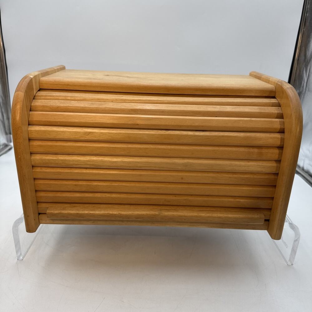 Vintage Wooden Wood Roll Top Bread Box Farmhouse Brown Country Farm Rustic 16x9
